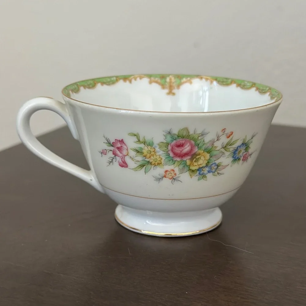 Sango China Cup Saucer Floral Green‎ Gold Rim Vintage Victorian Pattern